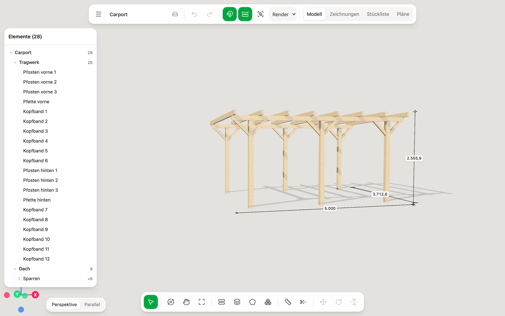 Holzplaner mit der Vorlage Carport in der Darstellung Render: links die Elementliste mit Pfosten, Pfetten, Kopfbändern und Sparren, in der Mitte das 3D-Modell mit Schatten und Maßen.